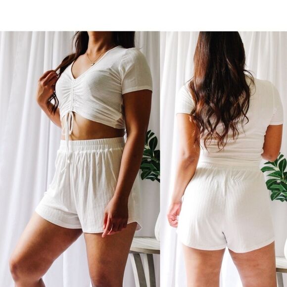 White Cinched Crop Top & Shorts Set - Picture 5 of 5